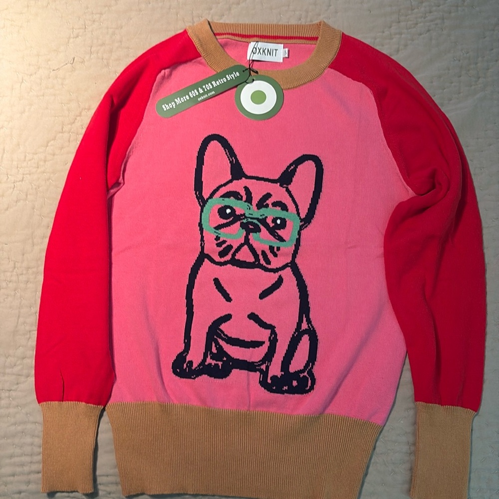 Oxknit French Bulldog Graphic Sweater Pink & Red Colorblock Small - NWT